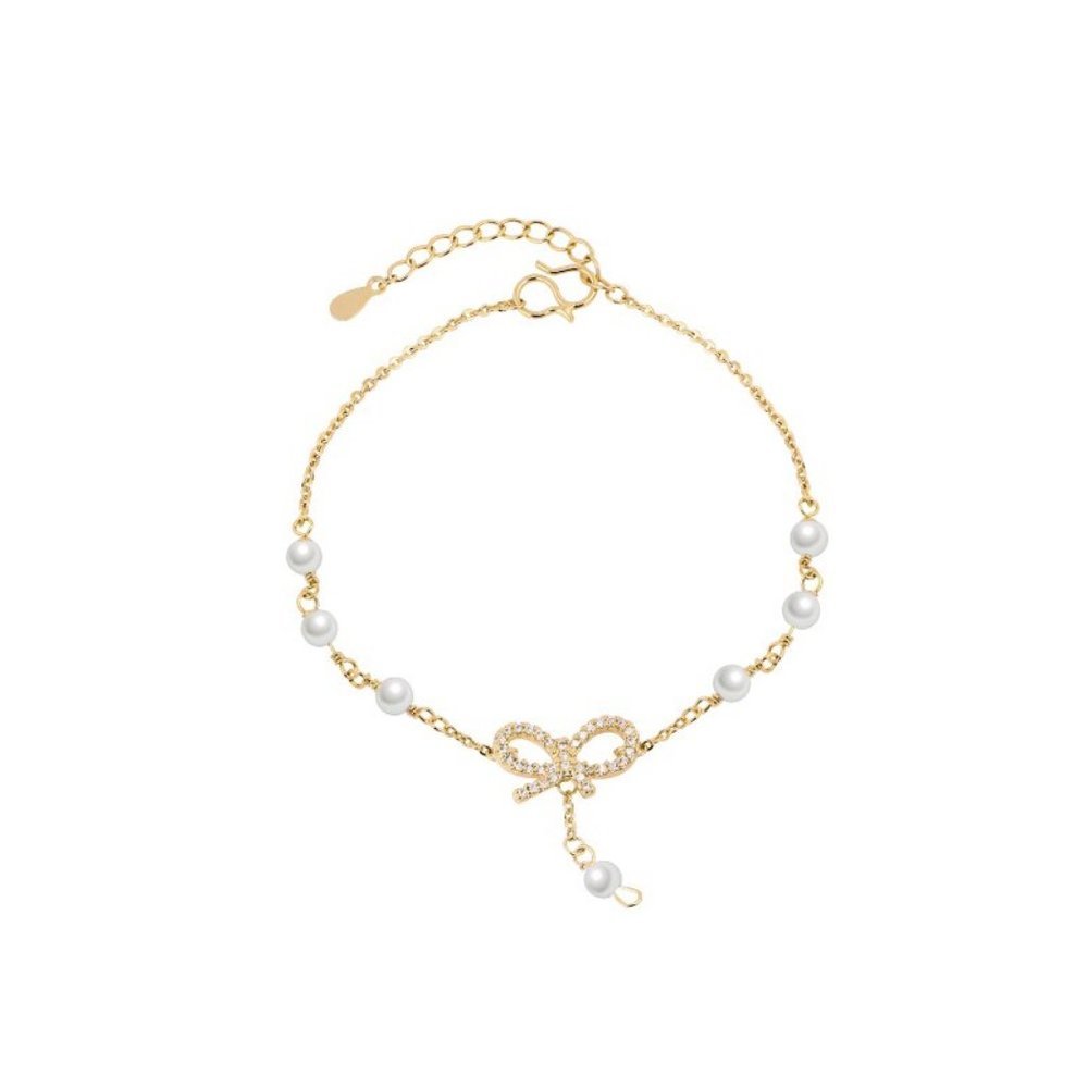 *NEW Yellow Gold Diamond Bow Knot Pearl Bracelet - Picture 10 of 10